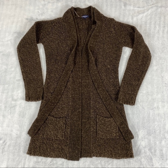 Reitmans Open Front Cardigan Sweater Sz Medium Brown Hip Length Pockets Neck Tie - Picture 1 of 12